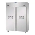 KÜHL-UND TIEFKÜHLSCHRANK AUS EDELSTAHL AISI 304 - UMLUFTKÜHLUNG - KOMBI TN+BT - Mod. AF I4 MID PN - NUTZVOLUMEN 1380 LITER - 2 TÜREN - TEMPERATUR TN -2°/+10°C - TEMPERATUR BT -18°/-22°C - Abmessungen in cm (B x T x H): 142 x 80 x 203/210 -CE-Kennzeichnung
