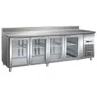 KÜHLTISCH MIT AUFKANTUNG AUS EDELSTAHL AISI 304 - UMLUFTKÜHLUNG - Mod. G-GN4200TNG - GASTRONORM 1/1 (53 x 32,5 cm) - 4 GLASTÜREN - Bruttokapazität: 553 Liter - TEMPERATUR: +2°/+8°C  - Abmessungen in cm. (B x T x H): 223 x 70 x 96 - EG-Norm