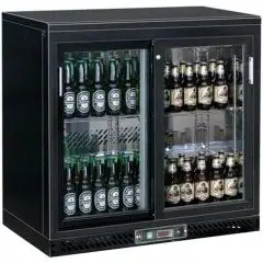 KÜHLVITRINE AUS LACKIERTEM BLECH UND ALUMINIUM - FÜR GETRÄNKE - Mod. G-BC2PS - UMLUFTKÜHLUNG - KAPAZITÄT: 223 LITER - 2 SCHIEBETÜREN AUS GLAS - TEMPERATUR: +2°/+8°C - Abmessungen in cm (B x T x H): 92 X 53,5 X 92 - EG-NORM