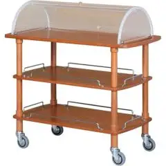 SERVIERWAGEN AUS HOLZ - DREI ETAGEN - MIT KUPPEL - CLC3 - Wagen FÜR Süβwaren, Käse und Vorspeisen - Halbrundkuppel aus transparentem Plexiglas - Abmessungen in cm (B x T x H): 110 x 55 x 114