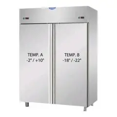 KÜHL-UND TIEFKÜHLSCHRANK AUS EDELSTAHL AISI 304 - UMLUFTKÜHLUNG - KOMBI TN+BT - Mod. AF I4 MID PN - NUTZVOLUMEN 1380 LITER - 2 TÜREN - TEMPERATUR TN -2°/+10°C - TEMPERATUR BT -18°/-22°C - Abmessungen in cm (B x T x H): 142 x 80 x 203/210 -CE-Kennzeichnung