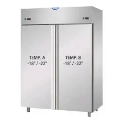 KÜHL-UND TIEFKÜHLSCHRANK AUS EDELSTAHL AISI 304 - UMLUFTKÜHLUNG - KOMBI BT+BT - Mod. AF I4 MID NN - NUTZVOLUMEN 1380 Liter - 2 TÜREN - TEMPERATUR TN -18°/-22°C - Abmessungen in cm (B x T x H): 142 x 80 x 203/210 -CE-Kennzeichnung