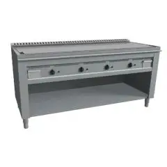 TEPPANYAKIHERD, GAS, 4 HEIZZONEN - Mod. VGP4180L - 4 Heizzonen - nach Maß gefertigt - offener Unterbau - hartverchromte Kochplatte - Umfangskanal - Gas-Leistung: 23,2 kW (4x5,8 kW) - Produktmaße in cm (BxTxH): 180 x 72 x 85 - EG-Norm