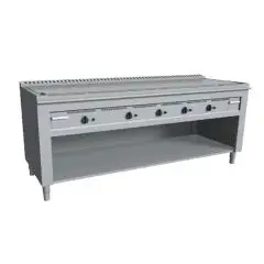 TEPPANYAKIHERD, GAS, 5 HEIZZONEN  - Mod. VGP5200L - 5 Heizzonen - nach Maß gefertigt - offener Unterbau - hartverchromte Kochplatte - Umfangskanal - Gas-Leistung: 29,0 kW (5x5,8 kW) - Produktmaße in cm (BxTxH): 200 x 72 x 85 - EG-Norm