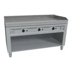 TEPPANYAKIHERD, GAS, 3 HEIZZONEN  - Mod. VGO3140L - 3 Heizzonen - nach Maß gefertigt - offener Unterbau - hartverchromte Kochplatte - 4-seitige Aufkantung - Gas-Leistung: 17,4 kW (3x5,8 kW) - Produktmaße in cm (BxTxH): 140 x 72 x 85 - EG-Norm