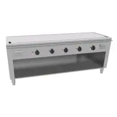 ELEKTRISCHER TEPPANYAKI-HERD 5 Heizzonen  - Mod. VGP5200G - nach Maß gefertigt - offener Unterbau - hartverchromte Kochplatte - Umfangskanal - Leistung Elektro: 27,0 kW (5x5,4 kW) - dreiphasiger Anschluss: 400V - Produktmaße in cm (BxTxH): 200 x 70 x 85 -