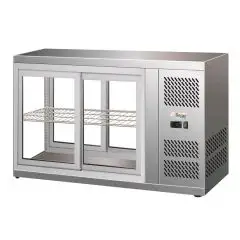 TISCHKÜHLVITRINE SNACK AUS EDELSTAHL AISI 430 - GERADES GLAS UND SCHIEBETÜREN AUF BEIDEN SEITEN - Mod. G-HAV91 - TEMPERATUR: +2/+8°C - KAPAZITÄT: 110 Liter - Einphasige Stromversorgung 230V/1/50Hz - Leistung: W 180 - Abmessungen in cm (B x T x H): 91 x 51