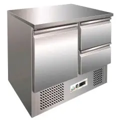 SALADETTE UND KÜHLTISCH AUS EDELSTAHL AISI 304 - Mod. G-S901-2D - STATISCHE KÜHLUNG - GASTRONORM 1/1 (53 x 32,5 cm) - 1 KÜHLTÜR - 2 SCHUBLADEN - TEMPERATUR: +2°/+8°C - Abmessungen in cm. (B x T x H): 90 x 70 x 85 - EG-Norm
