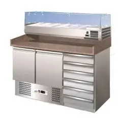 PIZZAKÜHLTISCH AUS EDELSTAHL AISI 304 - GASTRONORM 1/1 (cm 53 x 32,5) - STATISCHE KÜHLUNG - Mod. G-S903PZCAS - MIT KÜHLAUFSATZ - 2 KÜHLTÜREN + 6 NEUTRALE SCHUBLADEN - TEMPERATUR: +2°/+8°C - Abmessungen in cm (B x T x H): 140 x 70 x 146,5 - EG-NORM