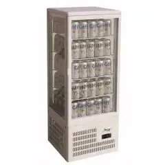 KÜHLVITRINE FÜR GETRÄNKE - TISCHMODELL - SEITENELEMENTE UND TÜR AUS GLAS - Mod. G-TCBD98 - TEMPERATUR: +2º/+8ºC - NUTZVOLUMEN: 98 Liter - Stromversorgung einphasige 230V/1/50Hz - Leistung:  W 170 - Abmessungen in cm (B x T x H): 42,8 x 38,6 x 115 - Gewich