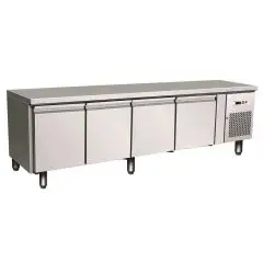 KÜHLTISCH AUS EDELSTAHL AISI 304 - UMLUFTKÜHLUNG - HöHE 65 cm - Mod. G-UGN4100TN - GASTRONORM 1/1 (53 x 32,5 cm) - 4 TÜREN - Bruttokapazität: 350 Liter - TEMPERATUR: -2°/+8°C - Abmessungen in cm. (B x T x H): 223 x 70 x 65 - EG-Norm