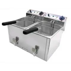 ELEKTRO-TISCHFRITTEUSE MIT ABLASSHAHN - Mod. FR 8+8 - Beckenkapazität: 8 + 8 Liter öl - Leistung: 3 + 3 kW - einphasiger Anschluss - Produktmaße in cm (B  x T x H): 52,5 x 40 x 34,5 - EG-Norm