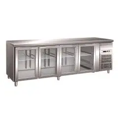 KÜHLTISCH AUS EDELSTAHL AISI 304 - UMLUFTKÜHLUNG - Mod. G-GN4100TNG - GASTRONORM 1/1 (53 x 32,5 cm) - 4 GLASTÜREN - Bruttokapazität: 553 Liter - TEMPERATUR: +2°/+8°C  - Abmessungen in cm. (B x T x H): 223 x 70 x 86 - EG-Norm