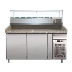 PIZZAKÜHLTISCH AUS EDELSTAHL AISI 304 - MIT KÜHLAUFSATZ - FÜR PIZZABEHÄLTER 60 x 40 cm - UMLUFTKÜHLUNG - MOD. G-PZ2600TN33 - 2 KÜHLTÜREN - TEMPERATUR: +2°/+8°C - Abmessungen in cm (B x T x H): 151 x 80 x 144,5 - EG-NORM
