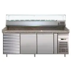 PIZZAKÜHLTISCH AUS EDELSTAHL AISI 304 - MIT KÜHLAUFSATZ - FÜR PIZZABEHÄLTER 60 x 40 x 7 cm - UMLUFTKÜHLUNG - MOD. G-PZ2610TN33 - 2 KÜHLTÜREN - 1 NEUTRALER SCHUBLADENSCHRANK MIT 7 SCHUBLADEN - TEMPERATUR: +2°/+8°C - Abmessungen in cm (B x T x H): 202,5 x 8