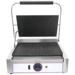 ELEKTRO KONTAKTGRILL AUS GUSSEISEN - Mod. RM 1 - gerillte Platte - Kochfläche: 22,5x23 cm - Leistung: 1,8 kW - einphasiger Anschluss - Produktmaße in cm (B  x T x H): 43 x 31 x 22 - EG-Norm