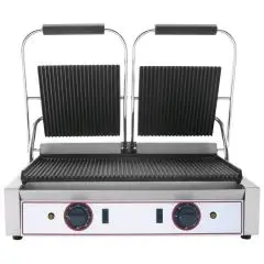ELEKTRO KONTAKTGRILL AUS GUSSEISEN - Mod. R 2 - doppelte gerillte Platte - Kochfläche: 48x24 cm - Leistung: 1,8 kW,2 (x2) - einphasiger Anschluss - Produktmaße in cm (B  x T x H): 56,5 x 31 x 22 - EG-Norm