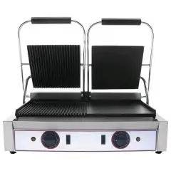 ELEKTRO KONTAKTGRILL AUS GUSSEISEN - Mod. R2L 2 - doppelte Platte 1/2 glatt und 1/2 gerillt - Kochfläche: 48x24 cm - Leistung: 1,8 kW (x2) - einphasiger Anschluss - Produktmaße in cm (B  x T x H): 56,5 x 31 x 22 - EG-Norm