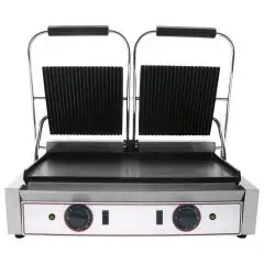 ELEKTRO KONTAKTGRILL AUS GUSSEISEN - Mod. RL 2 - doppelte glatte Platte - Kochfläche: 48x24 cm - Leistung: 1,8 kW (x2) - einphasiger Anschluss - Produktmaße in cm (B  x T x H): 56,5 x 31 x 22 - EG-Norm