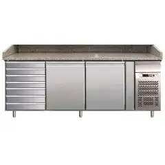 PIZZAKÜHLTISCH AUS EDELSTAHL AISI 304 - FÜR PIZZATEIGBEHÄLTER 60 x 40 cm - UMLUFTKÜHLUNG - Mod. G-PZ2610TN - 2 KÜHLTÜREN - 7 NEUTRALE SCHUBLADEN - TEMPERATUR: +2°/+8°C - ABMESSUNGEN IN cm (B x T x H): 202,5 x 80 x 100 - EG-Norm