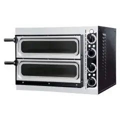 ELEKTRO-PIZZAOFEN - MECHANISCHE BEDIENUNG - Mod. BASIC 2/40 - 2 Backkammern mit Sichtglas - Schamottsteinboden - Backkammermaße in cm (BxTxH): 41 x 36 x 9 - Anzahl Pizzen insgesamt 1 + 1 (Ø cm 32) - Leistung 2,4 Kw - CE-Norm