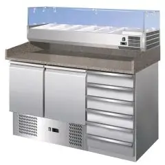 PIZZAKÜHLTISCH AUS EDELSTAHL AISI 201 - GASTRONORM 1/1(cm 53 x 32,5) - STATISCHE KÜHLUNG - Mod. G-S903PZCAS/14033V FC - MIT KÜHLAUFSATZ - 2 KÜHLTÜREN + 6 NEUTRALE SCHUBLADEN - TEMPERATUR: +2°/+8°C - Abmessungen in cm (B x T x H): 142 x 70 x 145,5 - EG-NOR