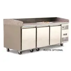 PIZZAKÜHLTISCH AUS EDELSTAHL - Mod. FQG4596GR - passend für Pizzateigbehälter 60x40 cm - Umluftkühlung - 3 Türen - Temperaturbereich: 0°/+8°C - Produktmaße in cm (B x T x H): 201 x 80 x 100/160 - CE-Kennzeichnung