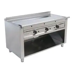 TEPPANYAKIHERD, GAS, 3 HEIZZONEN  - Mod. VGP3140L - 3 Heizzonen - nach Maß gefertigt - offener Unterbau - hartverchromte Kochplatte - Umfangskanal - Gas-Leistung: 17,4 kW (3x5,8 kW) - Produktmaße in cm (BxTxH): 140 x 72 x 85 - EG-Norm