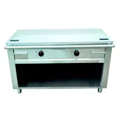 ELEKTRISCHER TEPPANYAKI-HERD mit 2 Heizzonen  - Mod. VGP2100G - nach Maß gefertigt - offener Unterbau - hartverchromte Kochplatte - Umfangskanal - Leistung Elektro:  10,8 kW (2x5,4 kW) - dreiphasiger Anschluss: 400V - Produktmaße in cm (BxTxH): 100 x 70 x