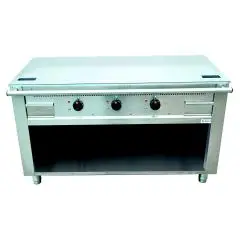 ELEKTRISCHER TEPPANYAKI-HERD 3 Heizzonen  - Mod. VGP3120G - nach Maß gefertigt - offener Unterbau - hartverchromte Kochplatte - Umfangskanal - Leistung Elektro: 16,2 kW (3x5,4 kW) - dreiphasiger Anschluss: 400V - Produktmaße in cm (BxTxH): 120 x 70 x 85 -