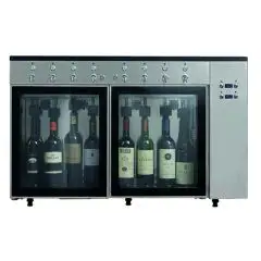 WEINAUSSCHANK AUTOMAT MIT GLAS UND STICKSTOFF - Mod VINO 6 - Plug & Play - Struktur aus Edelstahl AISI 304 - Kapazität: 6 Flaschen in einer Linie angeordnet, zwei Fächer mit jeweils 3 Flaschen - Stromversorgung 220/240V/1/50 Hz - Produktmaße (BxTxH) cm 84