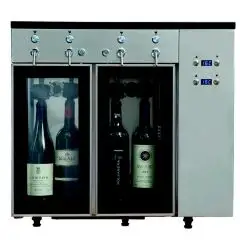 WEINAUSSCHANK AUTOMAT MIT GLAS UND STICKSTOFF - Mod VINO 4 - Plug & Play - Struktur aus Edelstahl AISI 304 - Kapazität: 4 Flaschen in einer Linie angeordnet, zwei Fächer mit jeweils 2 Flaschen - Stromversorgung 220/240V/1/50 Hz - Produktmaße (BxTxH) cm 65