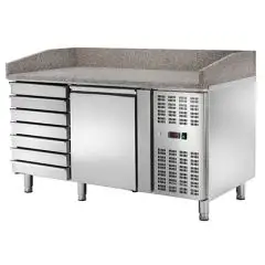 PIZZAKÜHLTISCH AUS EDELSTAHL - FÜR PIZZABEHÄLTER  cm 60 x 40 x 7 H - UMLUFTKÜHLUNG - Mod. CM1612TN - 1 GEKÜHLTE TÜREN + 1 UNGEKÜHLTER SCHUBLADENBLOCK MIT 7 SCHUBLADEN - TEMPERATUR -2°/+8°C - Abmessungen in cm (B x T x H): 151,5 x 80 x 105 - EG-NORM