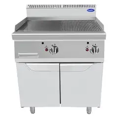 GAS-GRILLPLATTE MIT 1/2 GLATTER PLATTE 1/2 GERILLTER INOXPLATTE - Mod. CV9I8IHF - UNTERBAU MIT FLÜGELTÜREN - Leistung: 20 kW - Produktmaße (B x T x H): 80 X 90 X 114 - CE Kennzeichnung