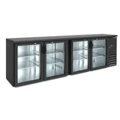 RETROBAR KÜHLSCHRANK FÜR GETRÄNKE - Mod DD 400 IF - Temperatur 0°/+10°C - Fassungsvermögen lt. 586 - Einphasige Stromversorgung V220/1 - Leistung W 320 - Produktmaße (BxTxH) cm 254,2 x 53,5 x 86 - Gewicht Kg. 150