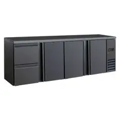 RETROBAR KÜHLSCHRANK FÜR GETRÄNKE - Mod DD 423 UF - Temperatur 0°/+10°C - Fassungsvermögen lt. 586 - Einphasige Stromversorgung V220/1 - Leistung W 320 - Produktmaße (BxTxH) cm 254,2 x 51,3 x 86 - Gewicht Kg. 123