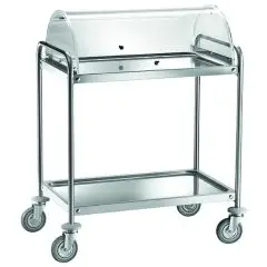 ZWEIETAGEN-SERVICETROLLEY - Mod CA139C - Für Desserts und Vorspeisen - Runde Rohrstruktur Ø 25 mm aus Edelstahl - Tabletts aus Edelstahl geformt, schallisoliert mit satinierter Oberfläche - Plexiglas-Dom