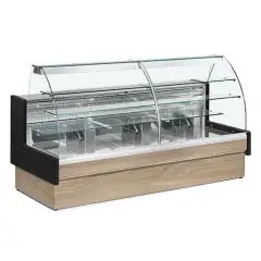 STATISCHE GEK&Uuml;HLTE LEBENSMITTELTHEKE F&Uuml;R GEB&Auml;CK &ndash; MOD. COLORADO VR &ndash; DISPLAYDECKEL MIT VERSCHIEBBARER KOMMODE &ndash; GEBOGENES FRONTGLAS, DAS MIT EINEM KOMPASS GE&Ouml;FFNET WERDEN KANN &ndash; TEMPERATUR +4/+6 &deg;C &ndash; DISPLAYTOP: 82 cm