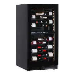 WEINKÜHLSCHRANK - Mod EY120I2VD NL - Belüftet - Temperatur +2°/+12°C / +12°/+20°C - 1 Glastür - Struktur aus schwarz lackiertem Blech - Bruttokapazität 270 Liter - Leistung 115 Watt - Stromversorgung 220/50Hz einphasig - Produktmaße (BxTxH) cm 59,5 x 69 x