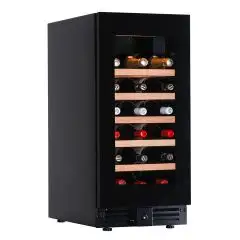 WEINKÜHLSCHRANK - Mod EY37I1VD NL - Belüftet - Temperatur +2°/+20°C - 1 Glastür - Struktur aus schwarz lackiertem Blech - Bruttokapazität 88 Liter - Leistung 80 Watt - Stromversorgung 220/50Hz einphasig - Produktmaße (BxTxH) cm 38 cm x 57,3 x 82