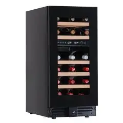 WEINKÜHLSCHRANK - Mod EY37I2VD NL - Belüftet - Temperatur +2°/+12°C / +12°/+20°C - 1 Glastür - Struktur aus schwarz lackiertem Blech - Bruttokapazität 86 Liter - Leistung 80 Watt - Stromversorgung 220/50Hz einphasig - Produktmaße (BxTxH) cm 38 x 57,3 x 82