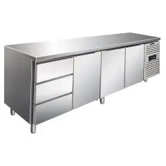 Tiefkühltisch - Edelstahl AISI 304 - Umluftkühlung - Mod CXF4130TN - GASTRONORM 1/1 (53 x 32,5 cm) - 3 GEKÜHLTE TÜREN - 3 GEKÜHLTE SCHUBLADEN - KAPAZITÄT 476 Liter - TEMPERATUR -2°/+8°C - Produktmaße (BxTxH) cm 223 x 70 x 86