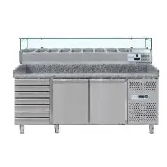 PIZZAKÜHLTISCH AUS EDELSTAHL - MIT KÜHLAUFSATZ - FÜR PIZZABEHÄLTER 60 x 40 cm - UMLUFTKÜHLUNG - Mod DB2610TN38 - 2 KÜHLTÜREN - 1 NEUTRALER SCHUBLADENSCHRANK MIT 7 SCHUBLADEN - TEMPERATUR: -2°/+8°C - Abmessungen in cm (B x T x H): 202,5 x 80 x 143,5