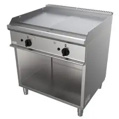 GAS-GRILLPLATTE- Mod. G7NUQ2DCO - 1/2 GLATT + 1/2 GERILLT - offener Unterbau - 2 Kochflächen - Leistung: 12 kW - Produktmaße in cm (BxTxH): 80 x 70 x 85 - EG-Norm