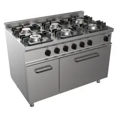 GASHERD MIT 6 FLAMMEN - Mod. G7NURG6FN3M3G - statischer Gas-Backofen GN 2/1 in cm (BxTxH): 68,5 x 53 x 35 - neutraler Unterbau mit Tür - Gesamtleistung: 43,9 kW - Produktmaße in cm (BxTxH): 120 x 70 x 85 - EG-Norm
