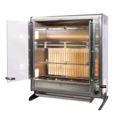 Vertikaler Hähnchengrill - Gas- Mod. ELBA12/PG 4 ASTE - Kapazität 12 Hähnchen - 4 Spieße aus Edelstahl 12 x 12 mm, Länge 54,3 cm - Brenner mit Sicherheitsventil - Anschlusswert 230 V Einphasenwechselstrom- Leistung 116 W - Leistung 8 Kw - Produktmaße (B x