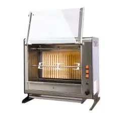 Vertikaler Hähnchengrill - Gas- Mod. ELBA9/PG - Kapazität 9 Hähnchen - 3 Spieße aus Edelstahl 12 x 12 mm, Länge 54,3 cm - Brenner mit Sicherheitsventil - Anschlusswert 230 V Einphasenwechselstrom- Leistung 92 W - Leistung 8 Kw - Produktmaße (B x T x H): 7