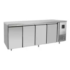 Kühltisch aus Edelstahl - Umluftkühlung - Mod.FQG4553 - Gastronorm 1/1 (53 x 32,5 cm) - 4 Türen - Nutzvolumen: 560 Liter - Temperaturbereich: 0°/+8°C - Produktmaße in cm (B x T x H): 223 x 70 x 85 - CE-Kennzeichnung