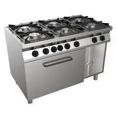 Gasherd mit 6 Flammen - Mod. H7MZE6FE - ohne Pilotflamme - statischer Elektroofen GN 2/1 (BxTxH): 68,5 x 53 x 35 cm - neutraler Unterbau - Gesamtleistung Gas: 28,5 kW - Produktmaße in cm (BxTxH): 120 x 70 x 85 - CE-Kennzeichnung
