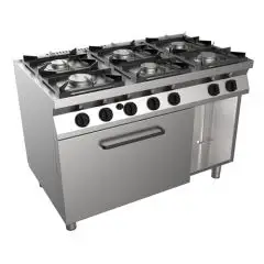 Gasherd mit 6 Flammen - Mod. H7MZE6FN - ohne Pilotflamme - statischer Gasofen: GN 2/1 (BxTxH): 68,5 x 53 x 35 cm - neutraler Unterbau - Gesamtleistung: 36,4 kW - Produktmaße in cm (BxTxH): 120 x 70 x 85 - CE-Kennzeichnung